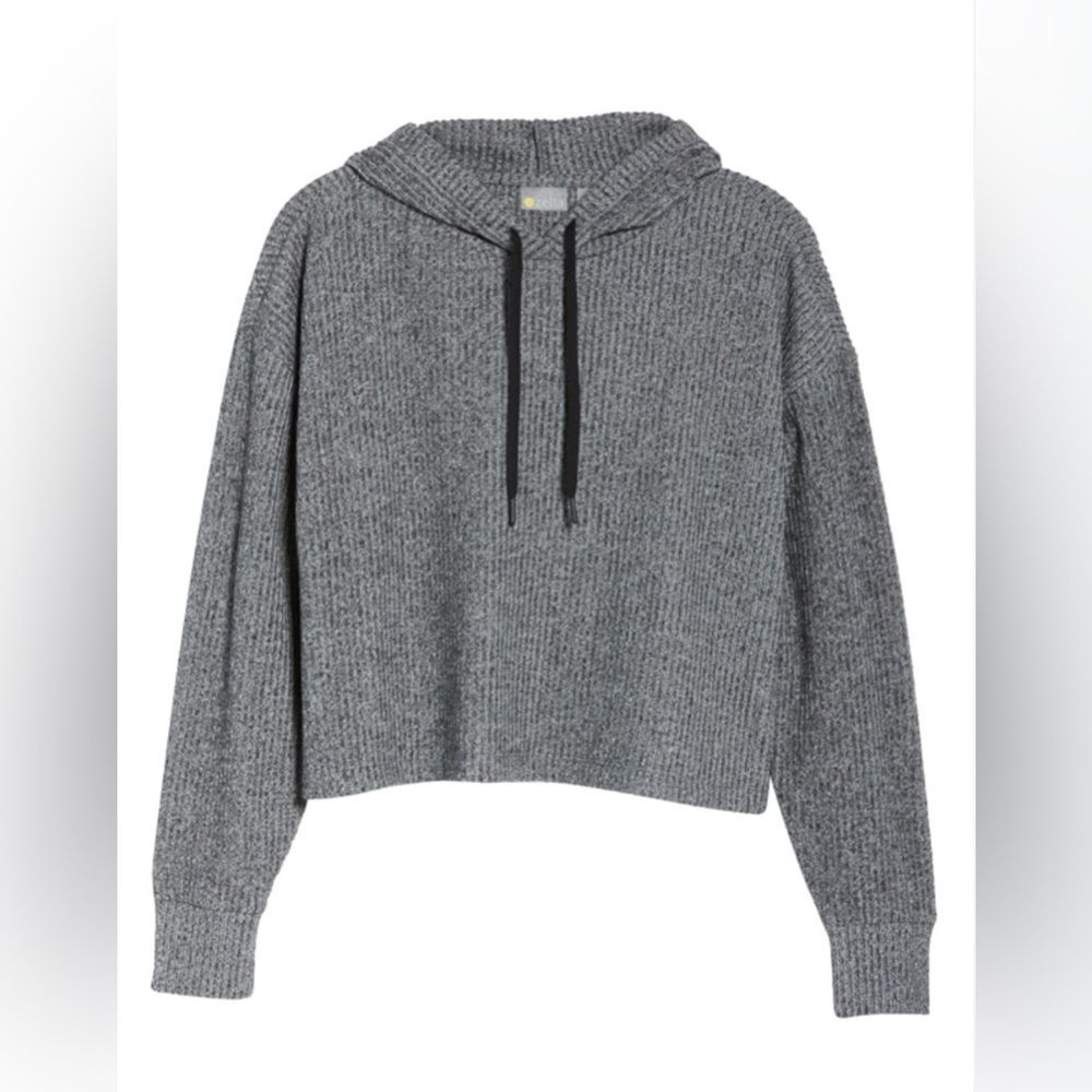Zella Sloane Cozy Rib Hoodie Large Gray Cropped Athleisure Lounge Sweater